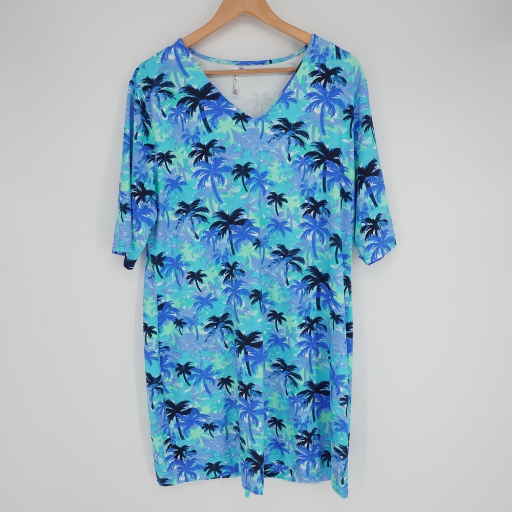 Lulu B Shift Dress Womens 1X Blue Tropical Palm Tree Print Outdoor Resort Casual